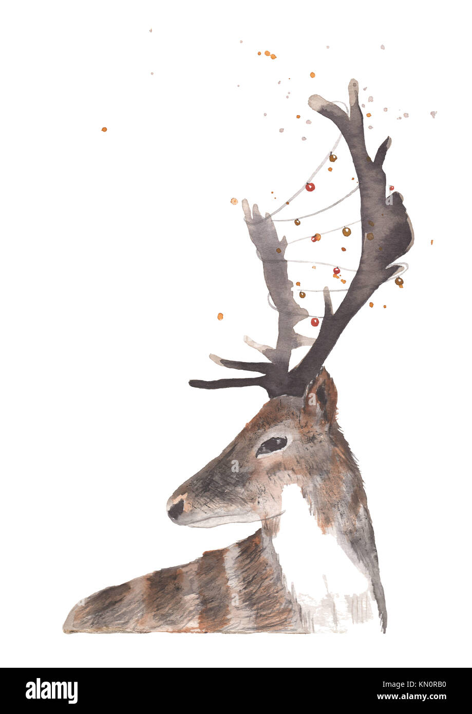 Aquarell Abbildung: Hirsch mit Girlande Lichter Stockfoto