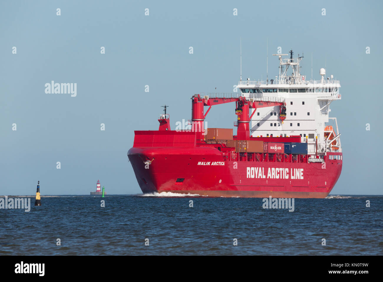 Der Royal Arctic Line Schiff Malik Arctica kommt Limfjorden aus Grönland Stockfoto