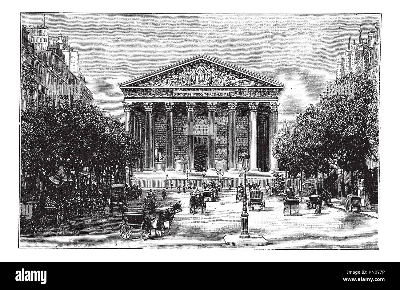 Kirche La Madeleine und der Rue Royale in Paris, Frankreich, in den 1890er Jahren, vintage Gravur Alte eingravierte Darstellung der Kirche La Madeleine und der Rue Royale Stockfoto