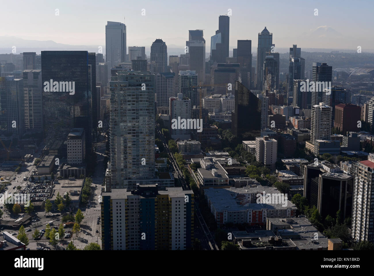 Blick auf den Central Seattle von der Space Needle. Stockfoto