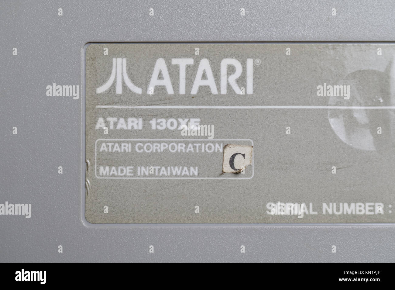 Rückseite Aufkleber auf dem Atari 130 XE computer Stockfoto