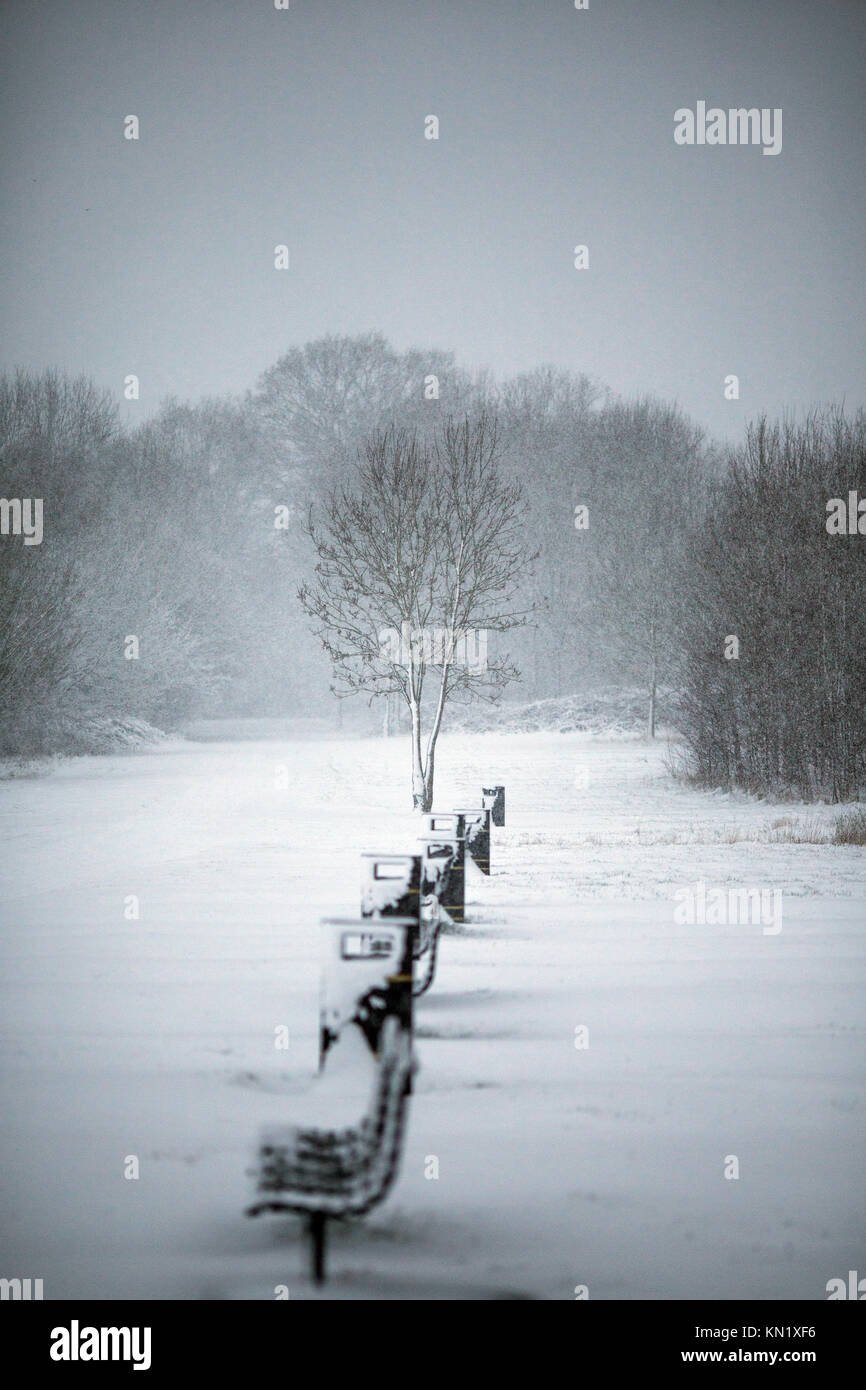 Birmingham, Großbritannien. 10 Dez, 2017. Schnee, Birmingham, Sheldon Country Park - 10. Dezember 2017. Schneekanonen auf der Start- und Landebahn am Flughafen Birmingham - wegen schlechten Wetters - Husky Hund genießen Sie den Schnee geschlossen. Zyklus in den Schnee. Abstand der Walker in das Schneetreiben. Credit: FnubFnub/Alamy leben Nachrichten Stockfoto