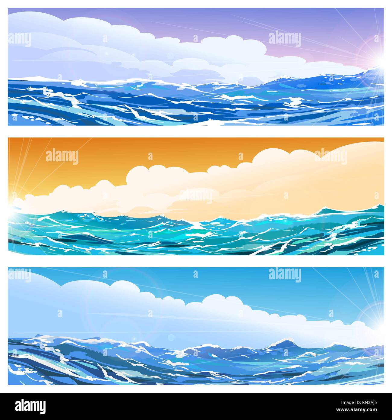 Horizontale Banner mit Wellen im Meer und Himmel. Vector Illustration Stock Vektor