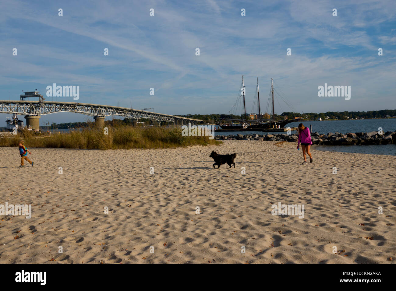 USA Virginia VA Yorktown Strand an der York Fluß Mutter Sohn und Hund spielen im Sand Stockfoto