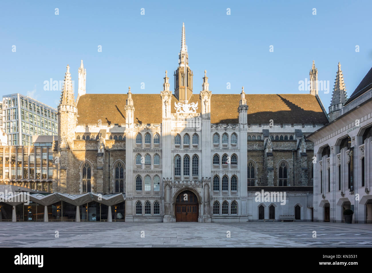 Guildhall London Gebäude mittelalterlichen gotischen Fassade, Rathaus und zeremoniellen und administrativen Zentrum der Stadt London, Großbritannien Stockfoto