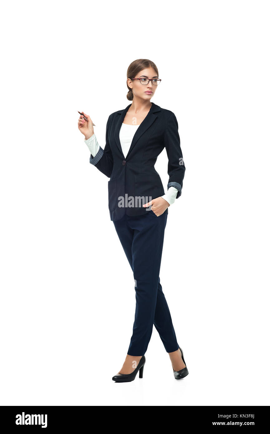 Junge schöne Geschäftsfrau mit pen Look aside, Studio auf weißem Hintergrund Stockfoto