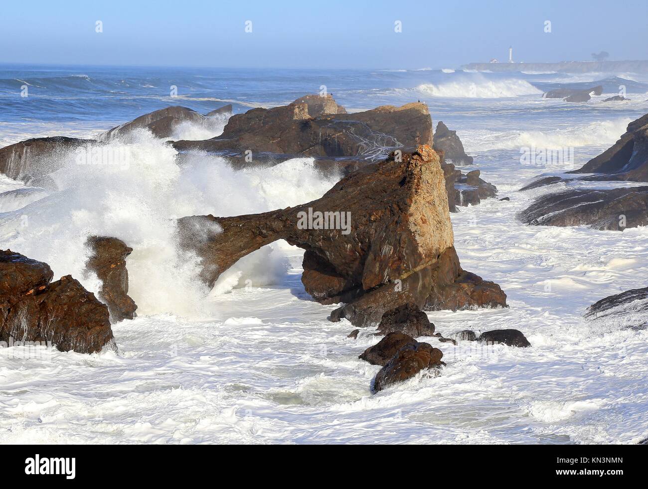 Wasser stürzt gegen die Felsenküste am California Coastal National Monument Punkt Arena-Stornetta Gerät Januar 26, 2017 in Point Arena, Kalifornien. (Foto von David News über Planetpix) Stockfoto