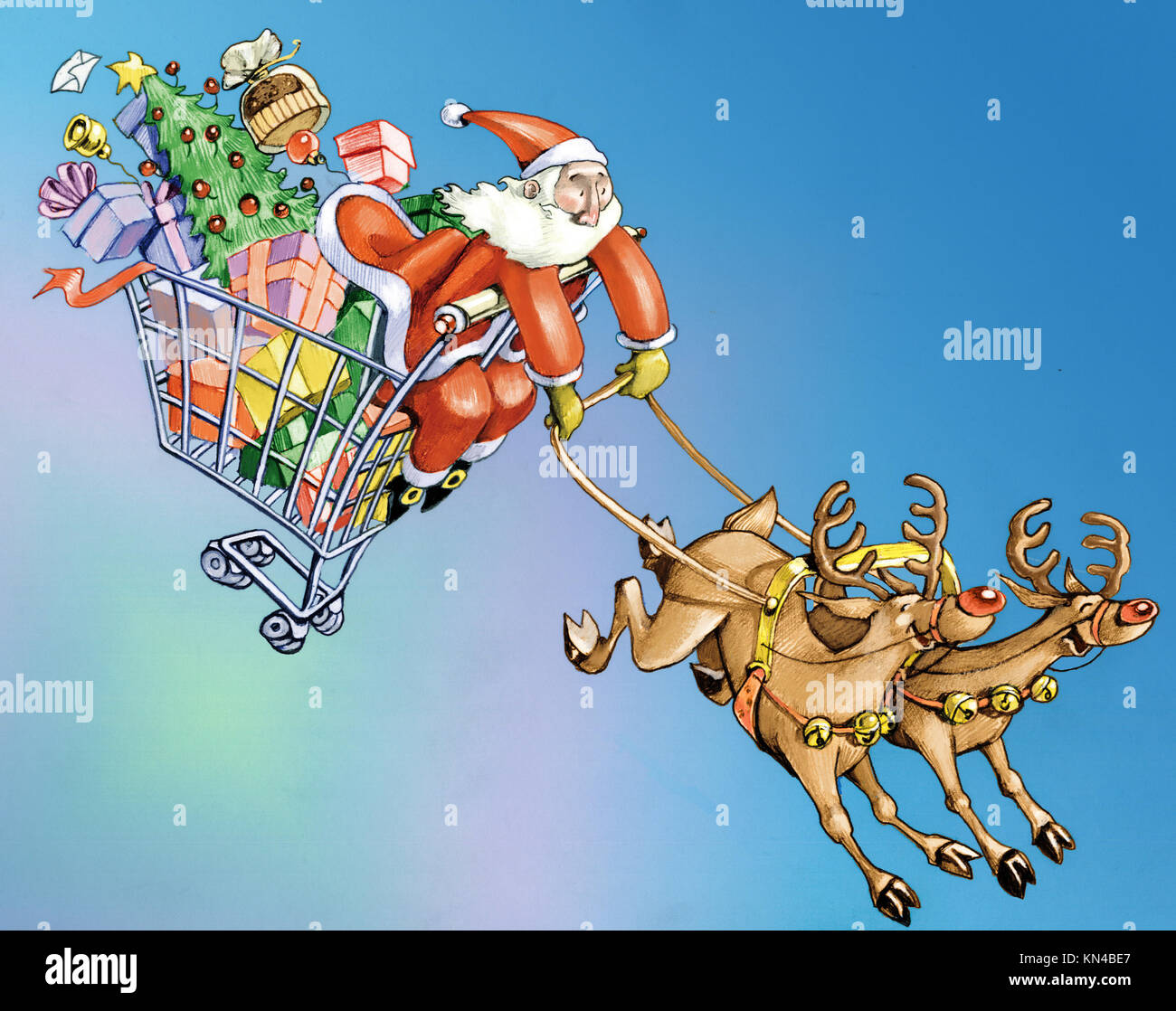 Santa Claus gezogen der Käufe in einem Warenkorb von zwei verrücktes Rentier Metapher des Konsums Stockfoto
