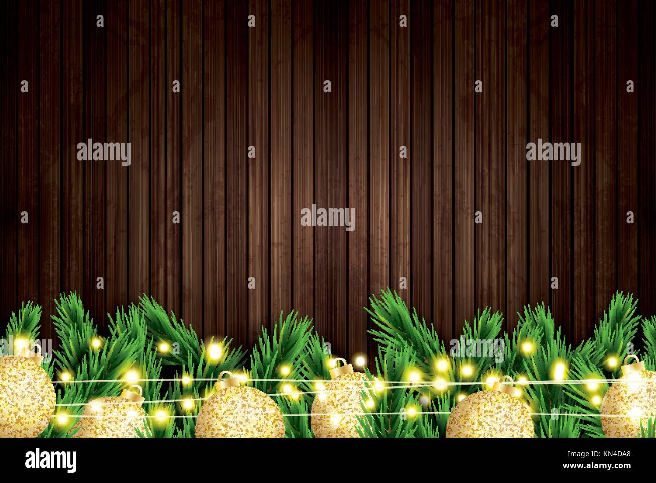 Tanne Zweig mit goldenen Weihnachtskugeln und Neon string auf hölzernen Hintergrund. Vector Illustration. Stock Vektor