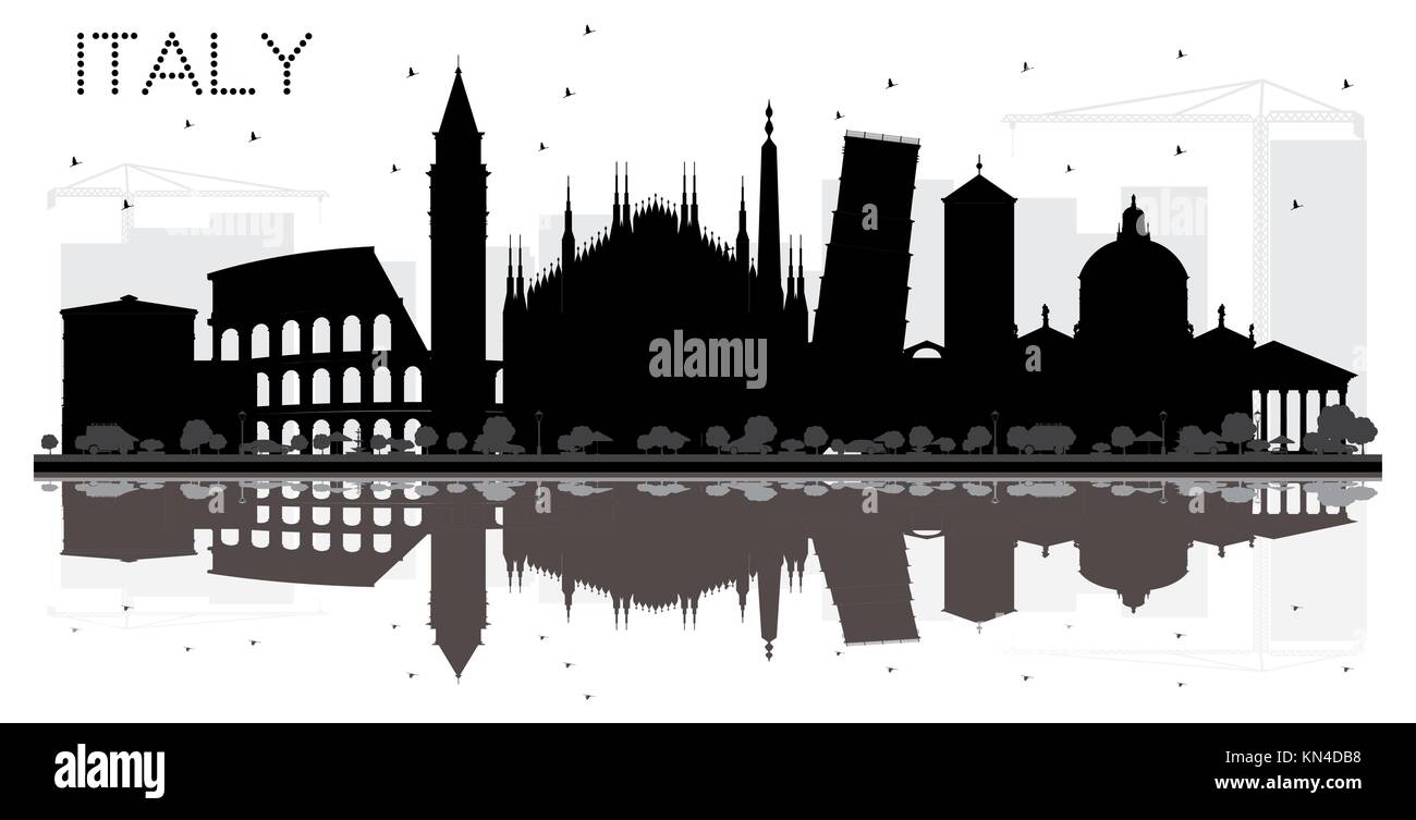Italien skyline schwarze und weiße Silhouette mit Reflexionen. Vector Illustration. einfache flache Konzept für Tourismus Präsentation, Banner, Plakat oder Web s Stock Vektor