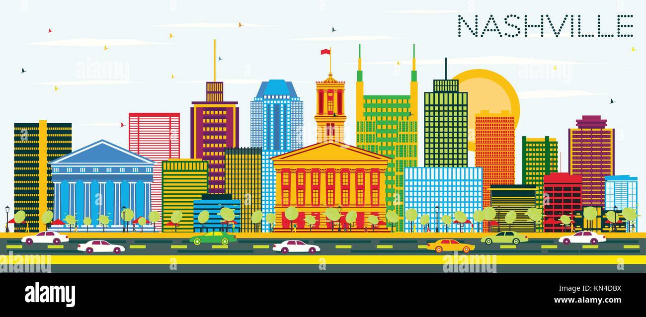 Nashville Skyline mit Farbe Gebäude und blauer Himmel. Vector Illustration. Business Travel und Tourismus Konzept mit moderner Architektur. Stock Vektor