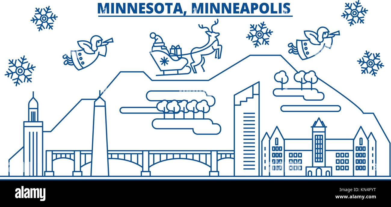 Usa, Minnesota, Minneapolis winter City Skyline. frohe Weihnachten und ein glückliches neues Jahr eingerichteten Banner. winter Grußkarte mit Schnee und Santa Claus. Flach, Linie Vektor. Lineare weihnachten Abbildung Stock Vektor