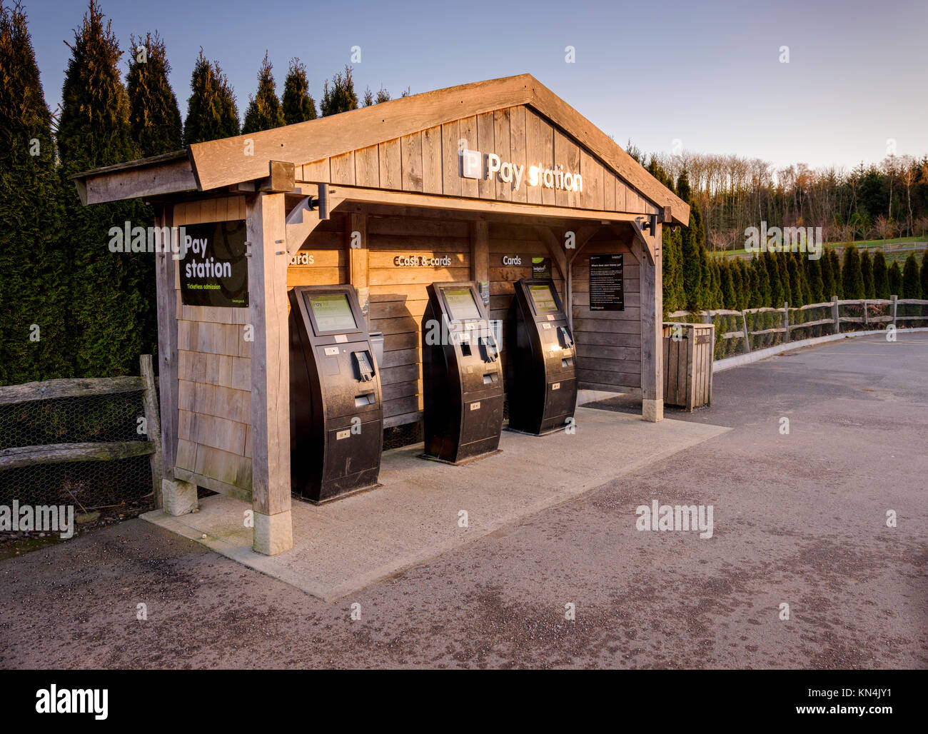 Die Parkautomaten am Bedgebury National Pinetum und Forest an der Sussex/Kent Grenze. Stockfoto