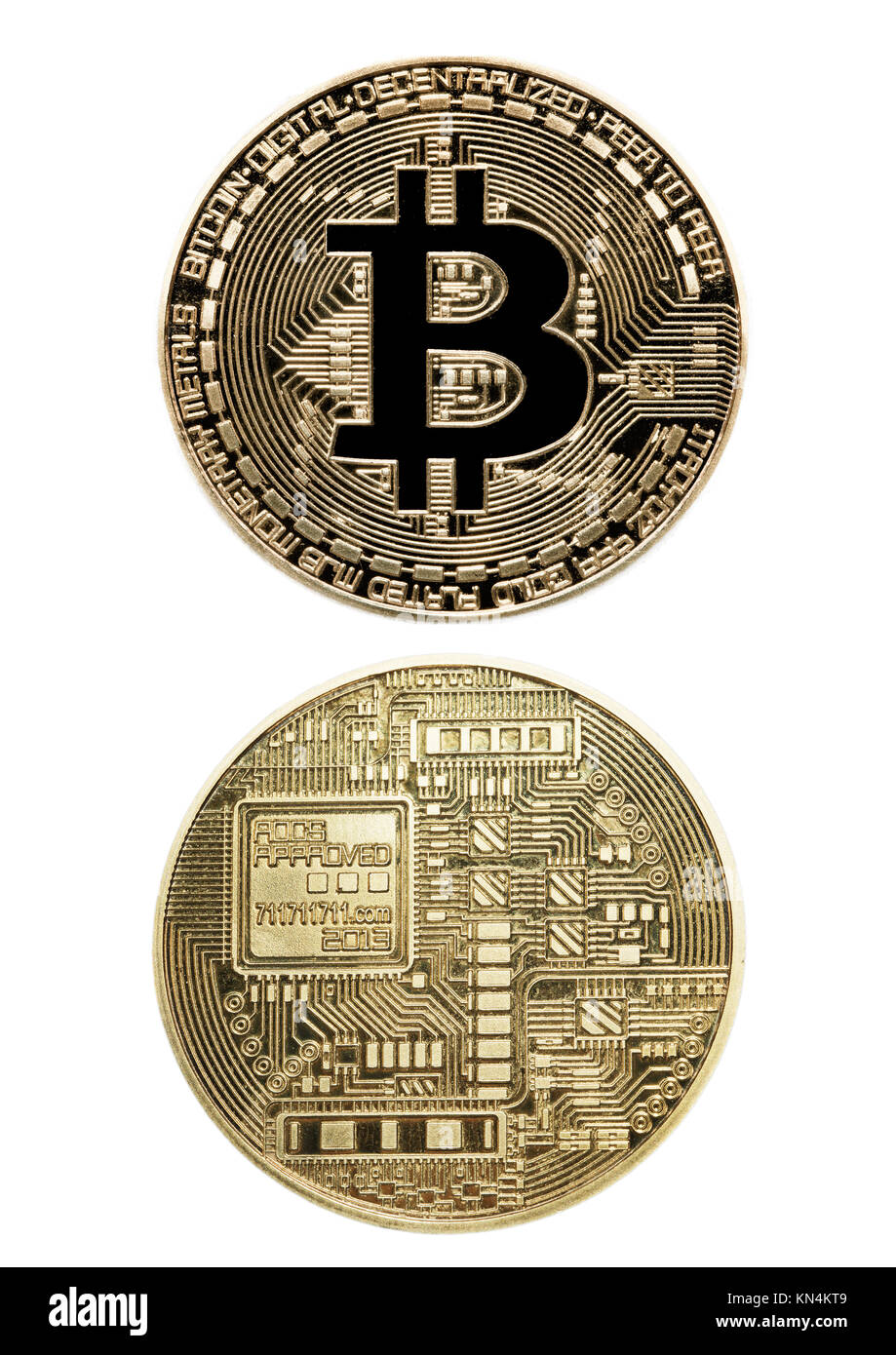 Symbol Bild digitale Währung, Vorder- und Rückseite eines Bitcoin Stockfoto