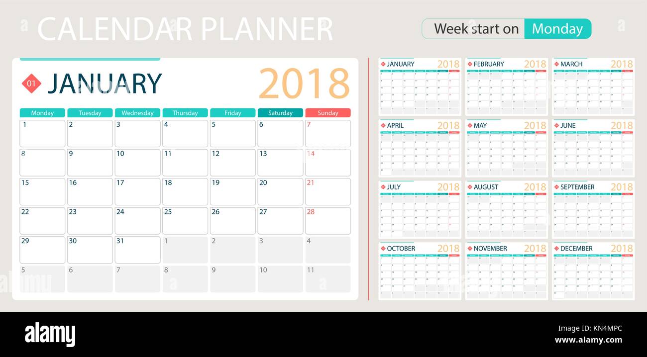 Englisch Kalender Planer für das Jahr 2018, Woche Montag. Set mit 12  Monaten, Corporate Design Planner Template, Größe A4 druckbare Kalender  vorlagen Stock-Vektorgrafik - Alamy