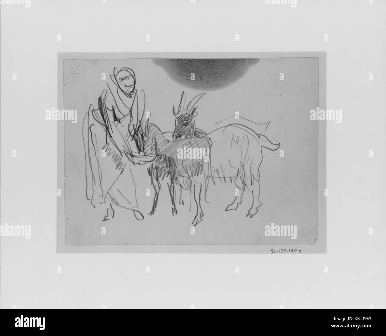 Ein Gemälde, das eine ländliche Szene zeigt, in der Ziegen gefüttert werden, und Figuren zeigt, die im Freien zu Viehzucht neigen. Stockfoto