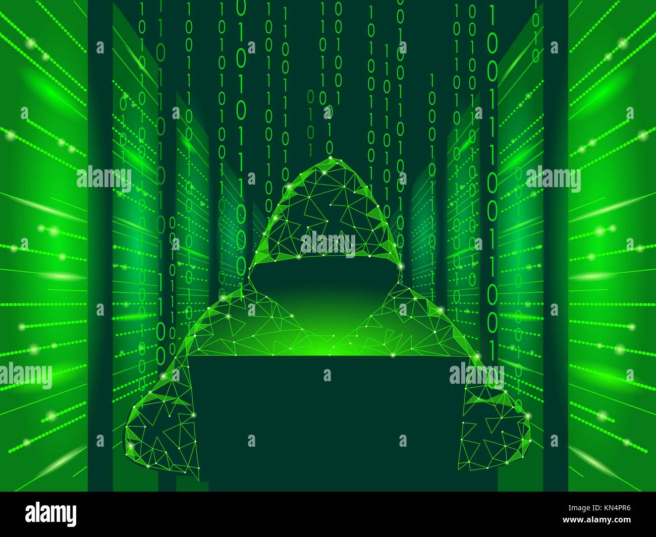 Internet Security Cyber Attack Business Konzept Low Poly. Anonyme Hacker am Laptop blau Finanzen Gefahr. Serverraum Rack polygonalen Point Line Dot geometrischen Design Vector Illustration Stock Vektor