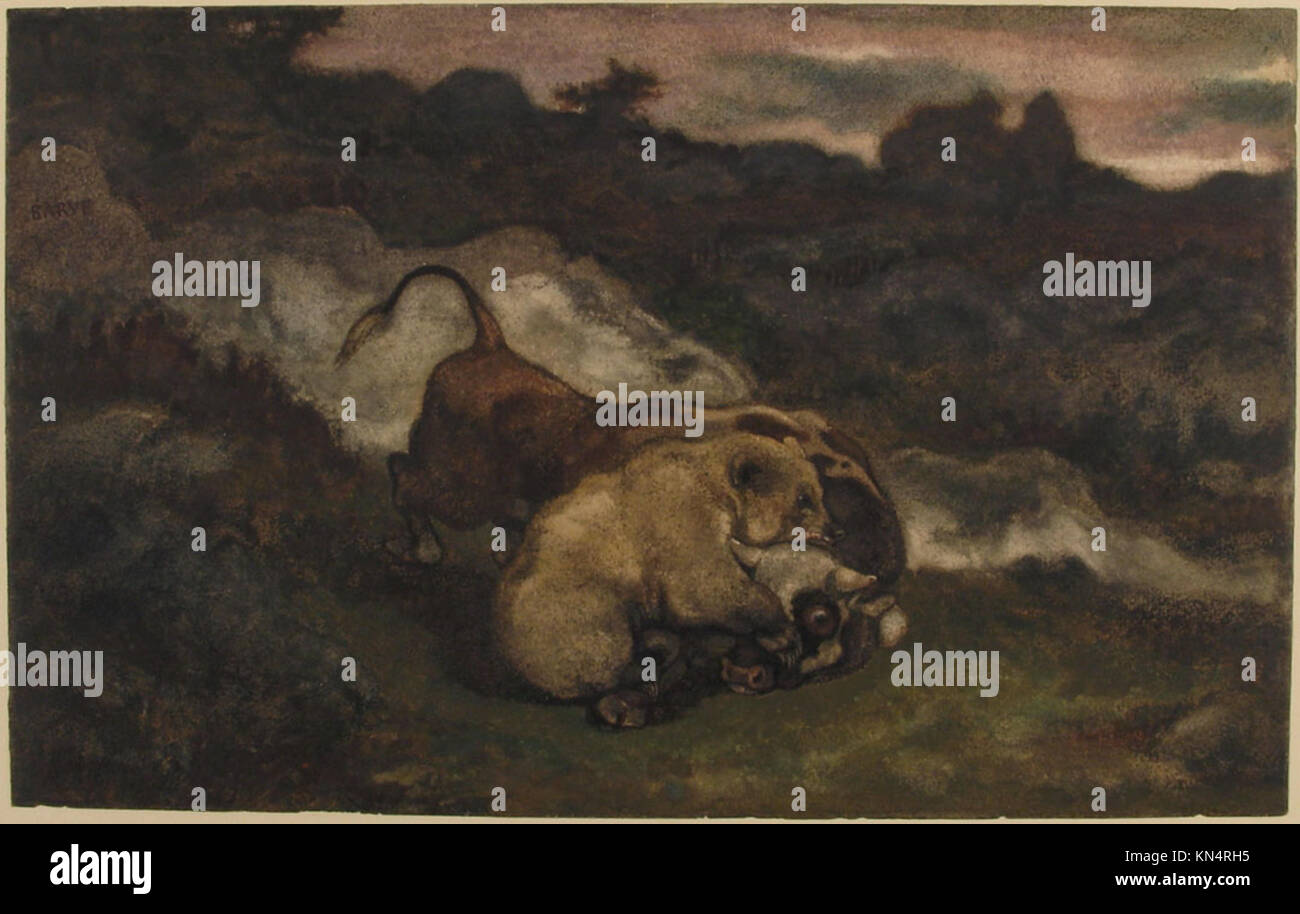 Antike Darstellung eines Bären, der einen Stier tötet, veranschaulicht die Interaktion mit Wildtieren, künstlerische Darstellung und historische Illustrationstechniken. Stockfoto