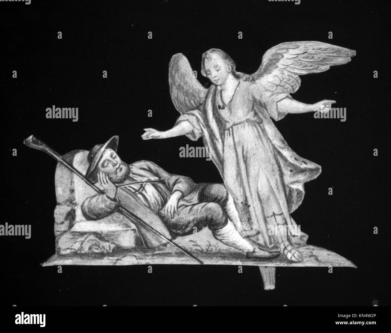 Barocke Malerei, die einen Engel zeigt, der einem Hirten in einem Traum erscheint, und religiöse Themen, göttliche Intervention und spirituelle Führung durch dramatisches Licht und Schatten veranschaulicht. Stockfoto