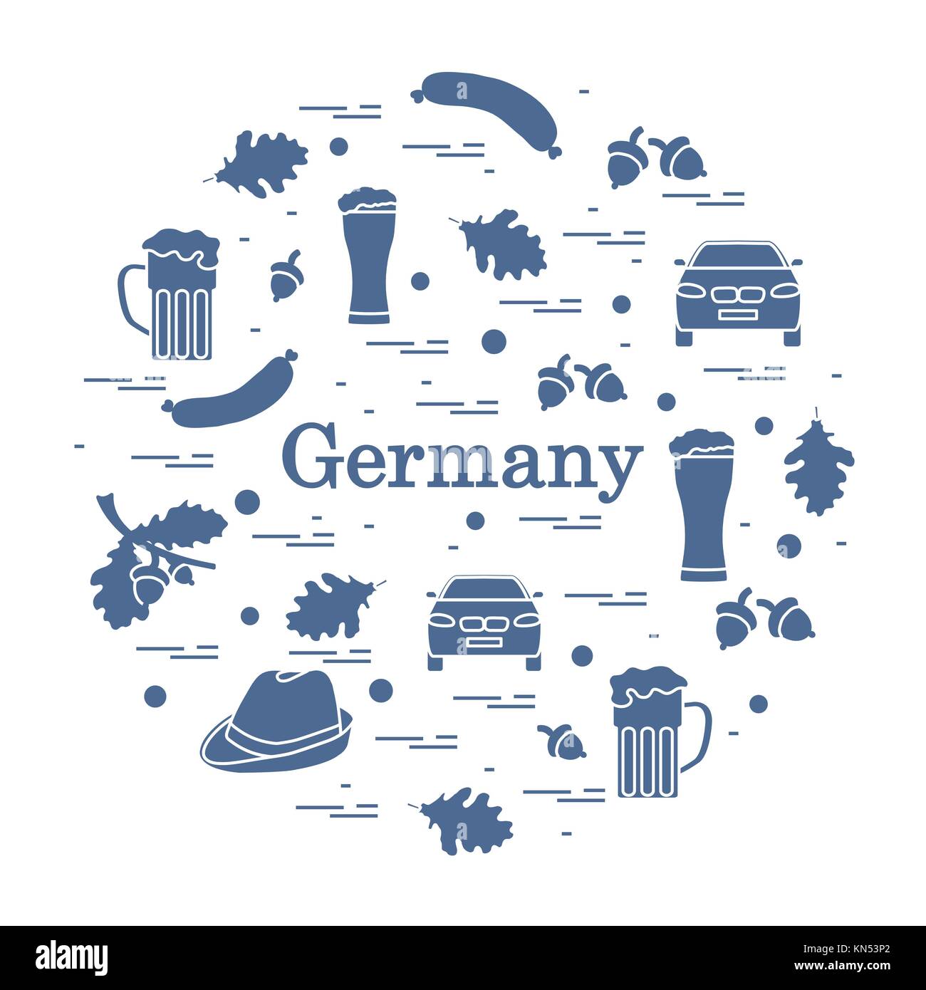 Vector Illustration mit verschiedenen Symbolen von Deutschland in einem Kreis angeordnet. Reisen und Freizeit. Design für Banner, Poster oder Drucken. Stock Vektor