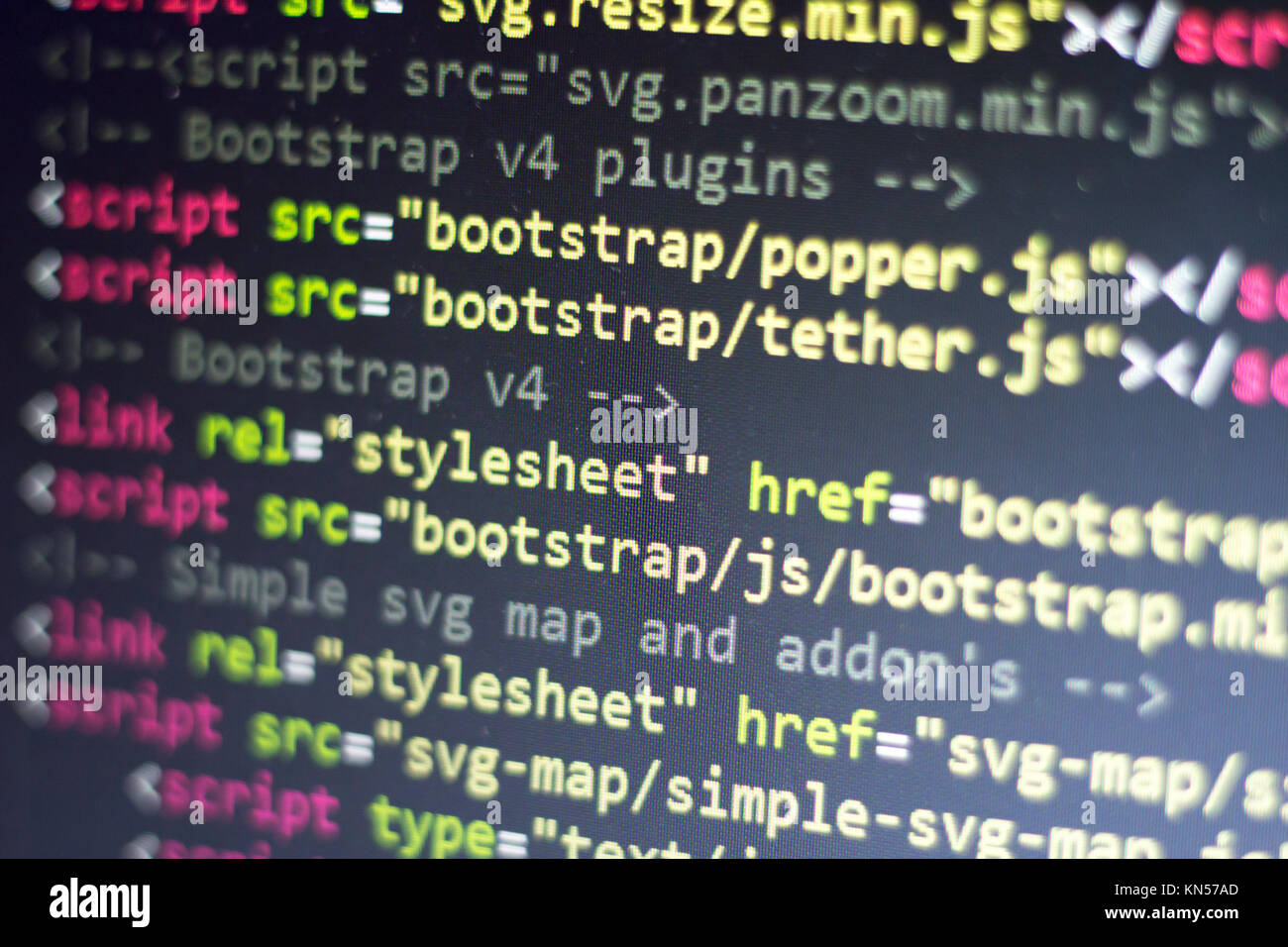 HTML Code. Computer Quellcode. Abstrakte Bild der Web Developer. Die digitale Technologie moderne Hintergrund. Flache Tiefenschärfe Stockfoto