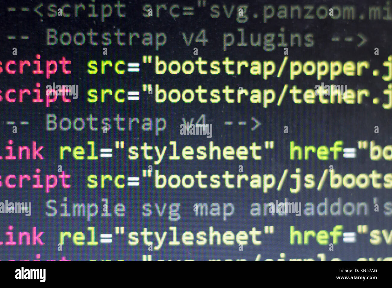HTML Code. Computer Quellcode. Abstrakte Bild der Web Developer. Die digitale Technologie moderne Hintergrund. Flache Tiefenschärfe Stockfoto