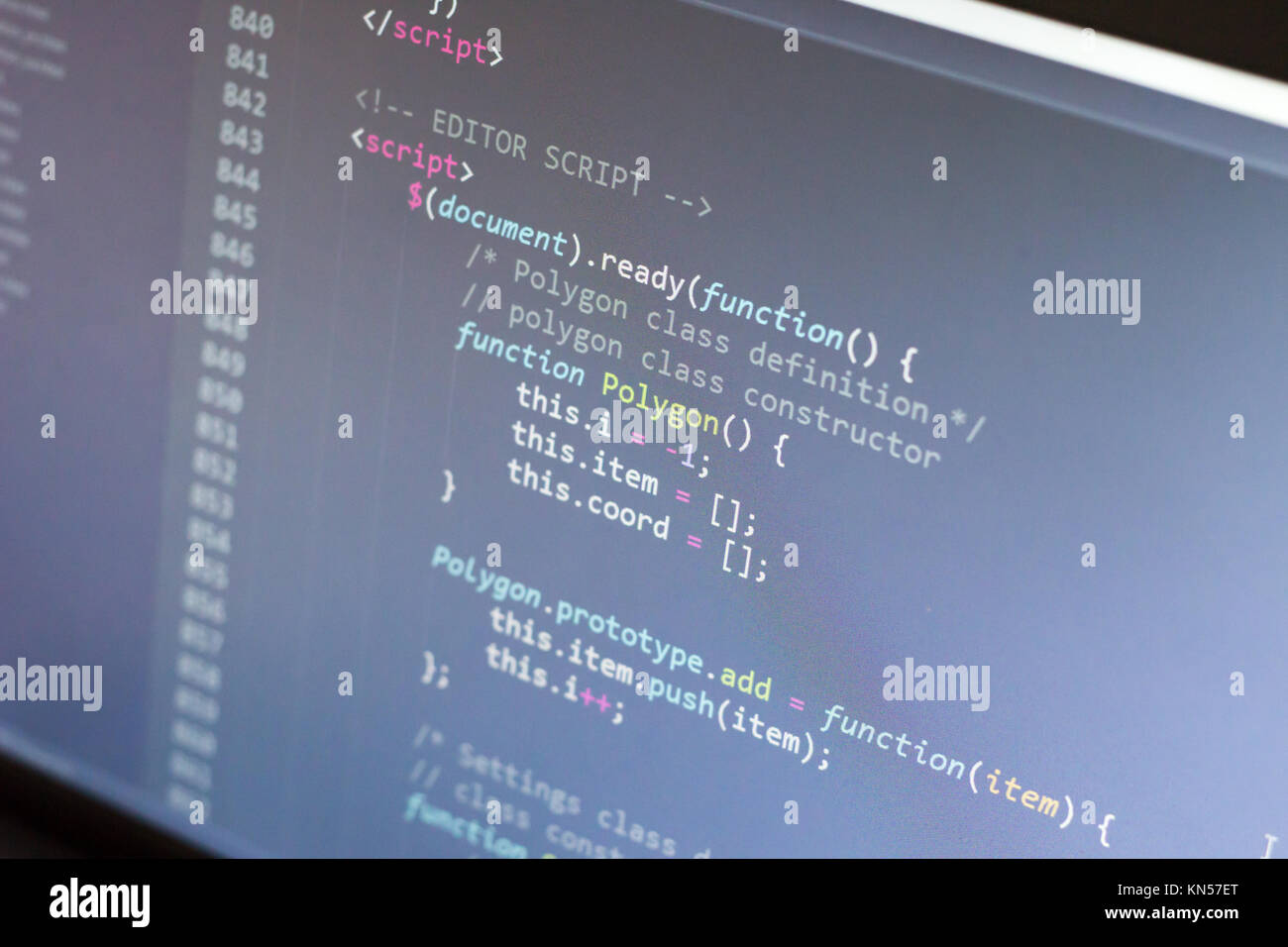 Javascript Code. Computer Quellcode. Abstrakte Bild der Web Developer. Die digitale Technologie moderne Hintergrund. Flache Tiefenschärfe Stockfoto