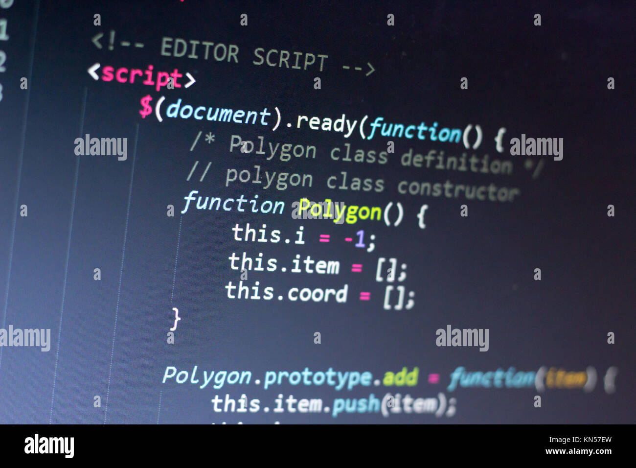 Javascript Code. Computer Quellcode. Abstrakte Bild der Web Developer. Die digitale Technologie moderne Hintergrund. Flache Tiefenschärfe Stockfoto