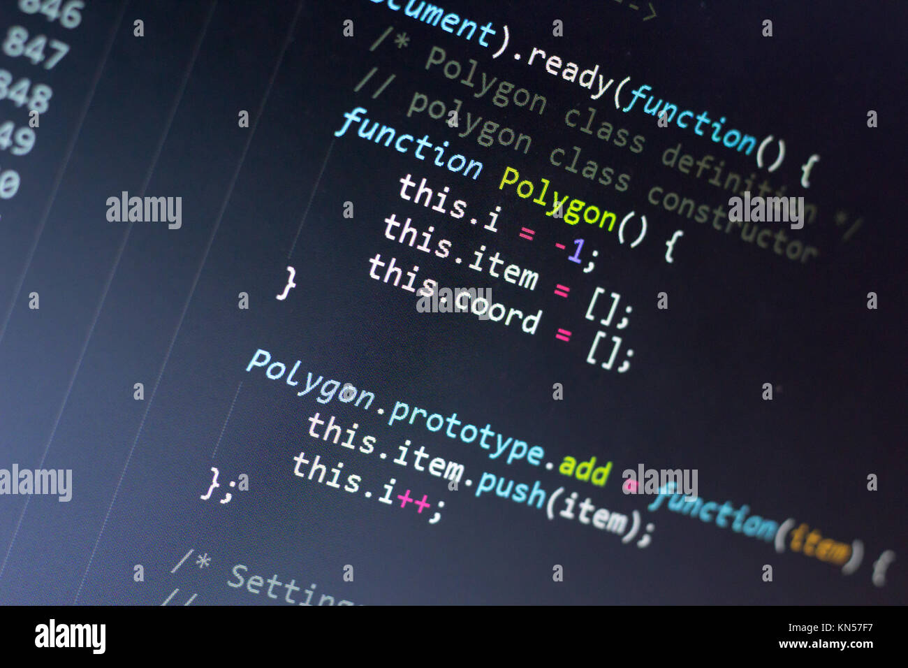 Javascript Code. Computer Quellcode. Abstrakte Bild der Web Developer. Die digitale Technologie moderne Hintergrund. Flache Tiefenschärfe Stockfoto