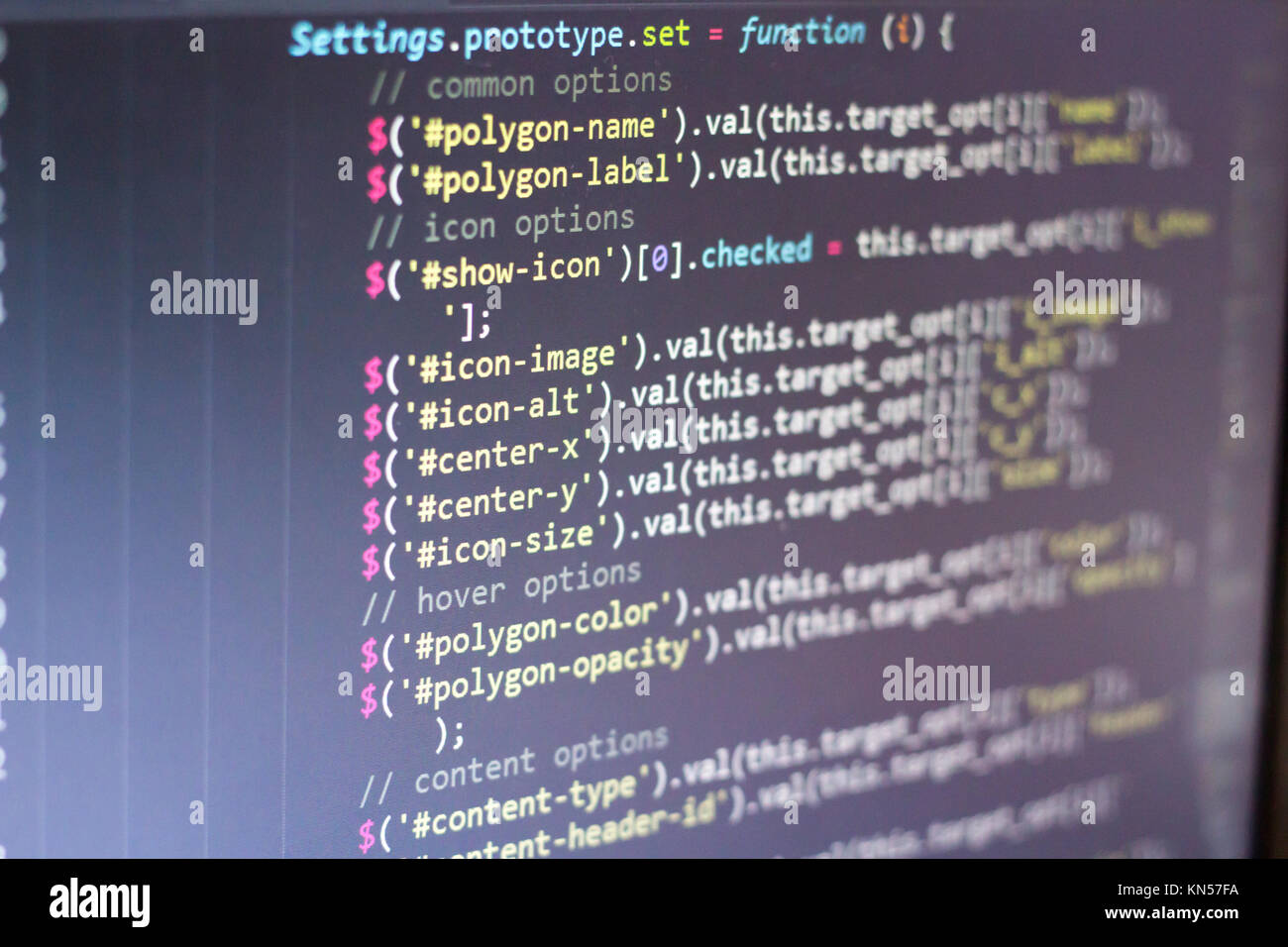 Javascript Code. Computer Quellcode. Abstrakte Bild der Web Developer. Die digitale Technologie moderne Hintergrund. Flache Tiefenschärfe Stockfoto