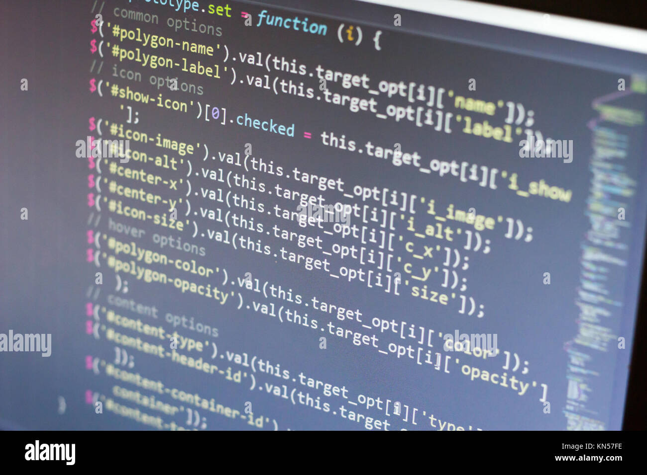 Javascript Code. Computer Quellcode. Abstrakte Bild der Web Developer. Die digitale Technologie moderne Hintergrund. Flache Tiefenschärfe Stockfoto
