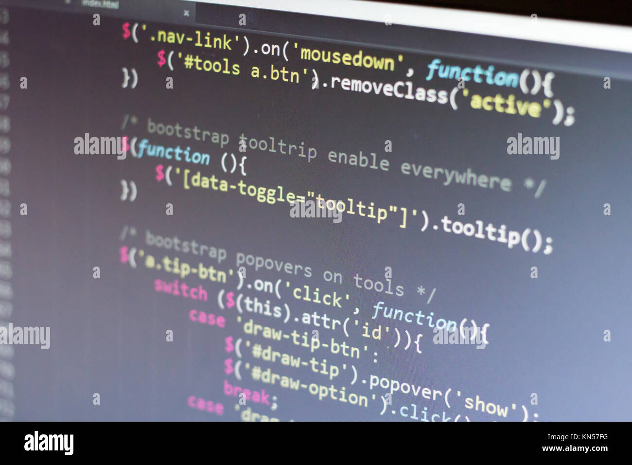 Javascript Code. Computer Quellcode. Abstrakte Bild der Web Developer. Die digitale Technologie moderne Hintergrund. Flache Tiefenschärfe Stockfoto