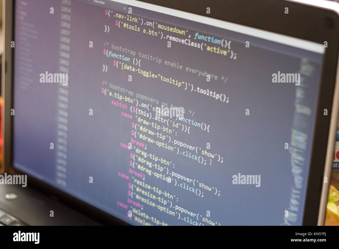 Javascript Code. Computer Quellcode. Abstrakte Bild der Web Developer. Die digitale Technologie moderne Hintergrund. Flache Tiefenschärfe Stockfoto