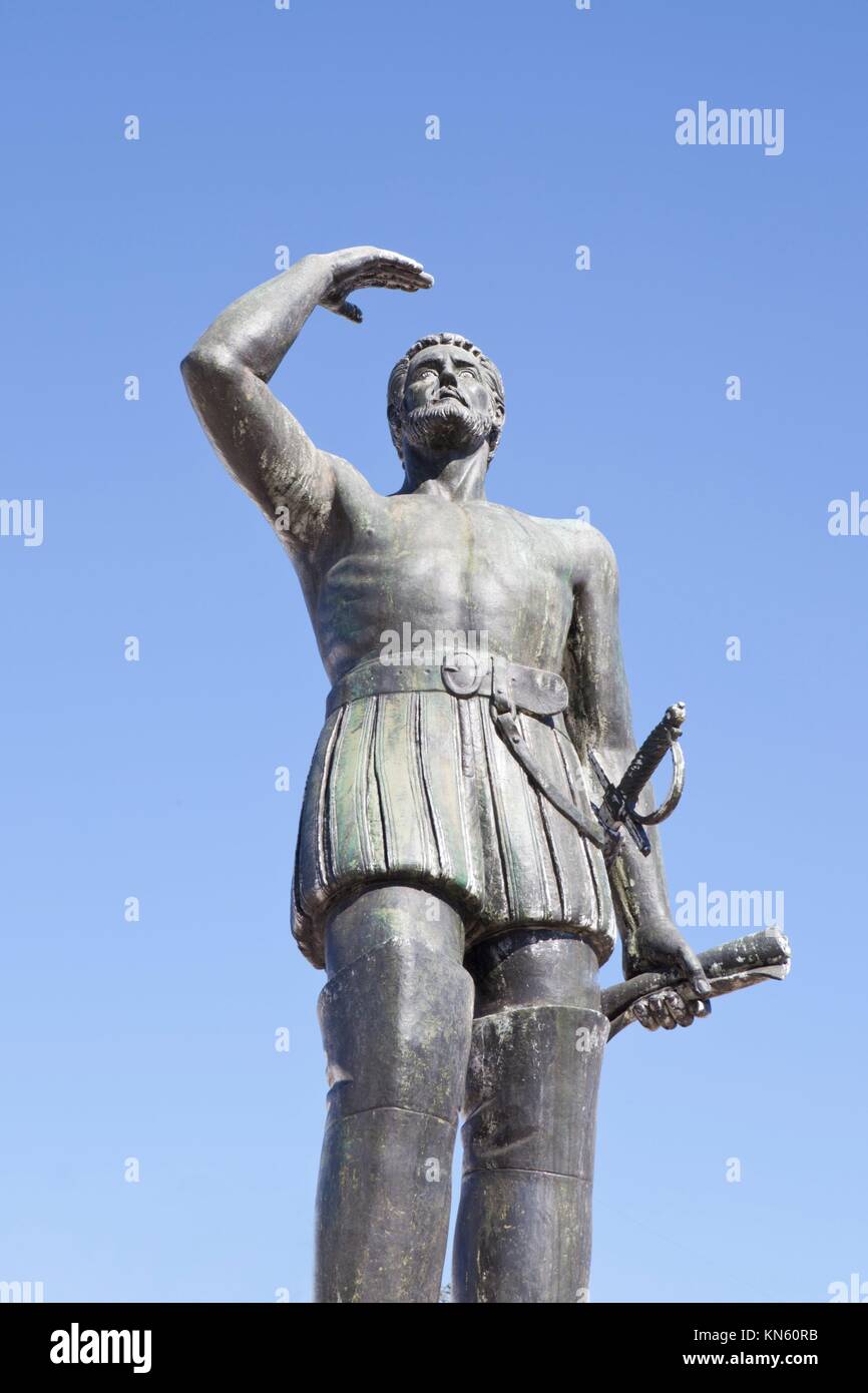 Vasco Nunez de Balboa Statue, Jerez de los Caballeros, Spanien. Er war der Entdecker des Pazifischen Ozeans. Stockfoto