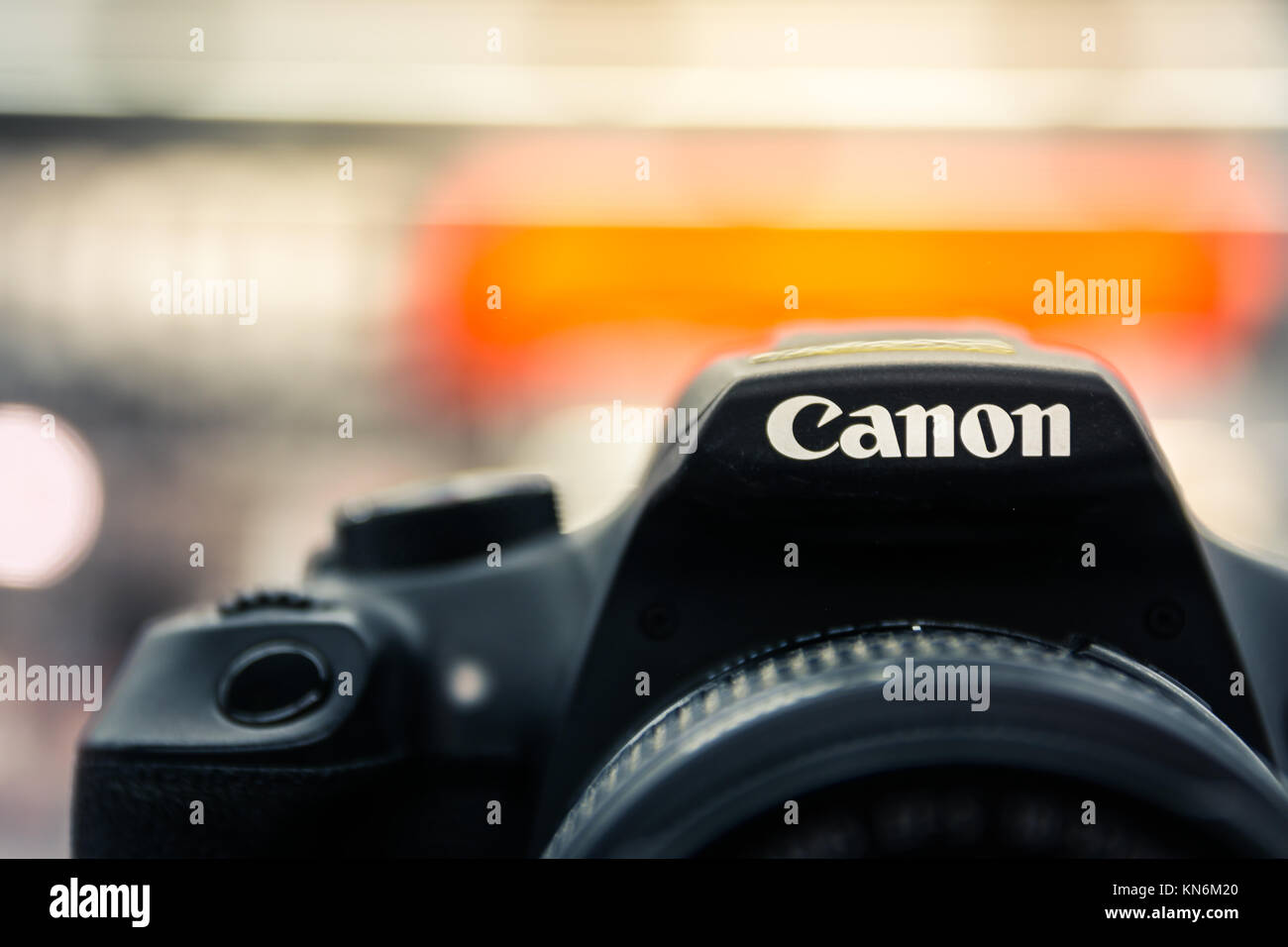 Canon Kamera Logo Closeup Modell Anzeige Neue Fotografie Equipment Demo 27. Oktober 2017 Stockfoto