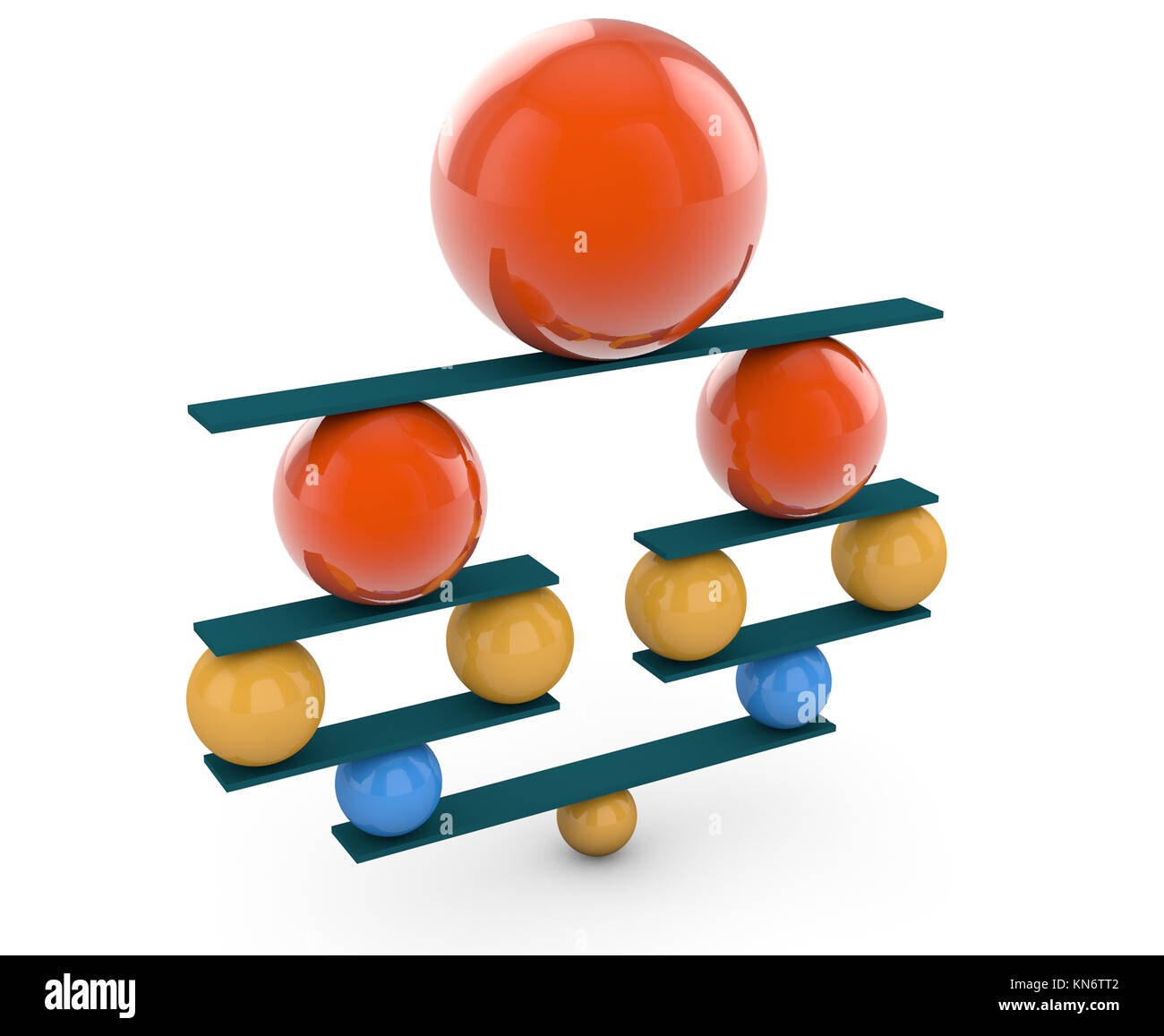 3D-Rendering. Bunte Kugeln in perfekte Balance Stockfoto