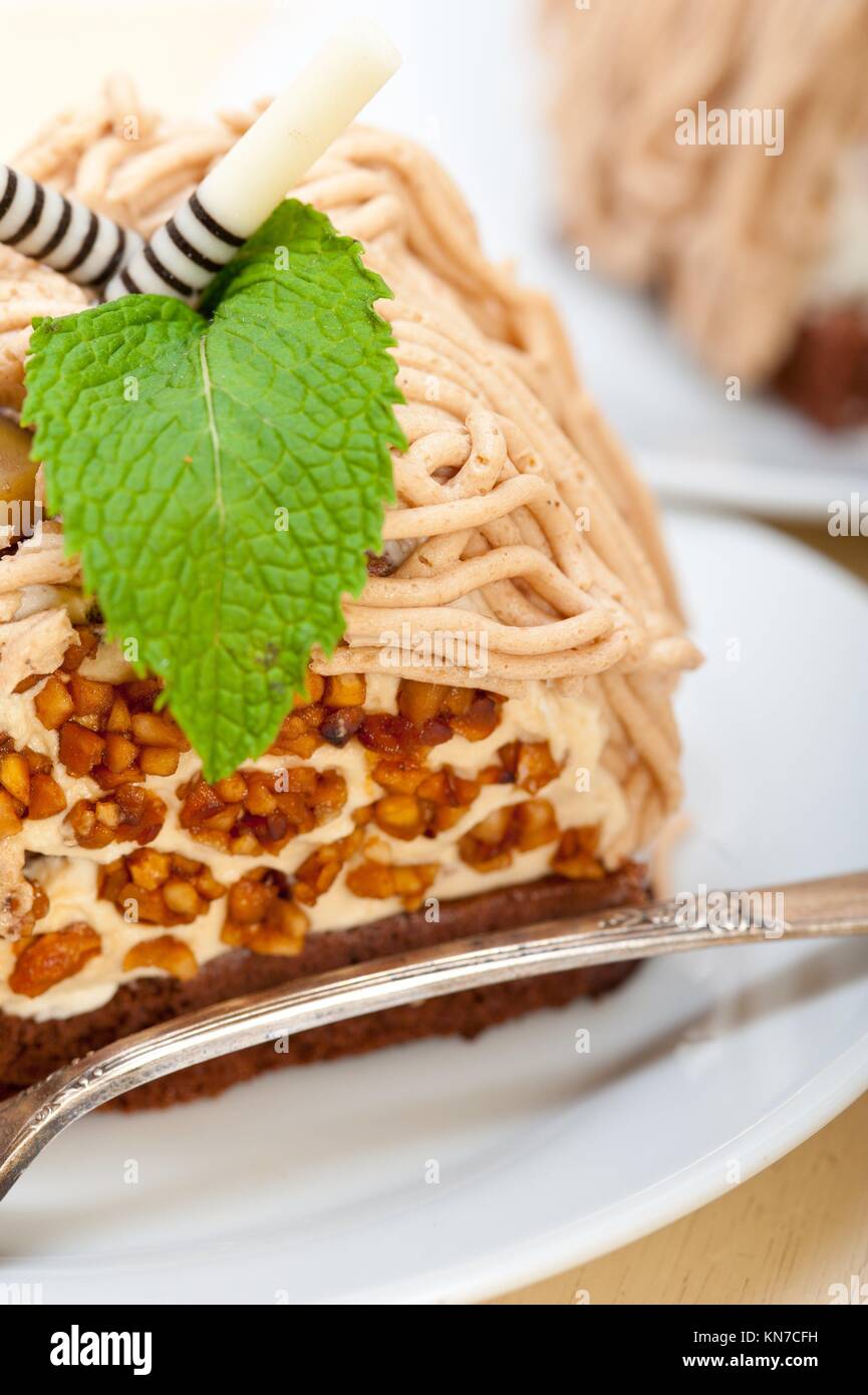 Frisch gebackene Kastaniencreme Kuchen Dessert über weiße Holz Tisch ...