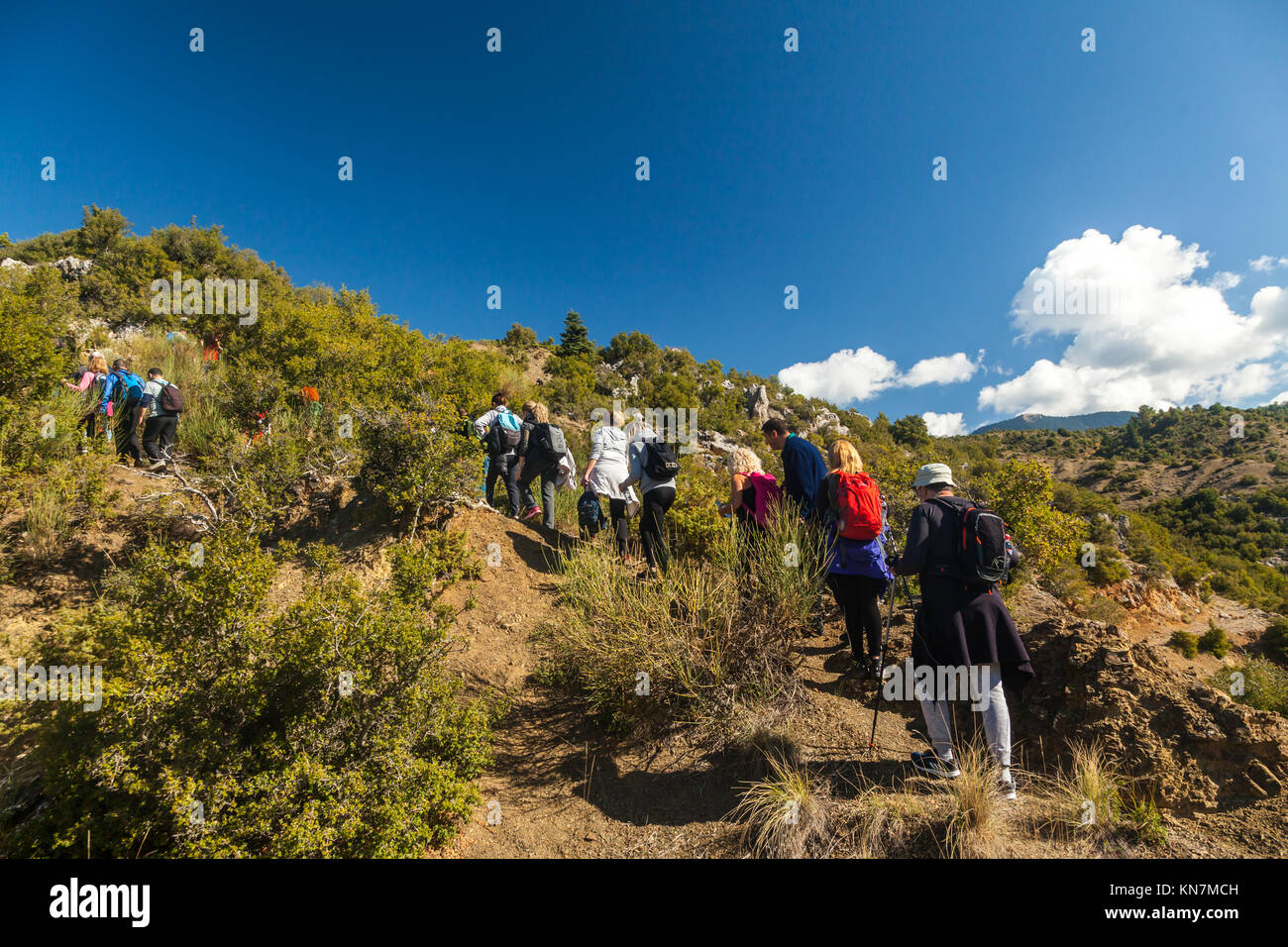 Wanderer Wandern am Mainalon Trail, in Griechenland. Stockfoto