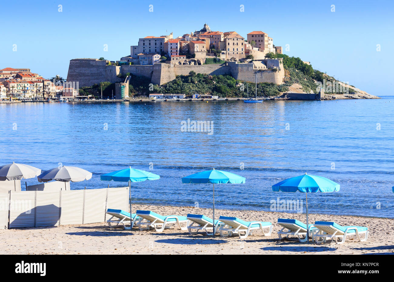 Strand von Calvi und die Zitadelle von Calvi, Korsika Stockfoto