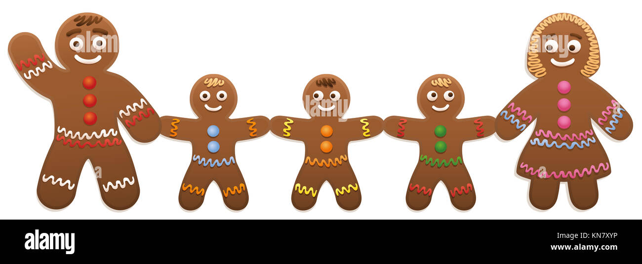 Gingerbread Man Familie - Vater, Mutter und drei Kinder - niedlich und süß Weihnachtsplätzchen. Stockfoto