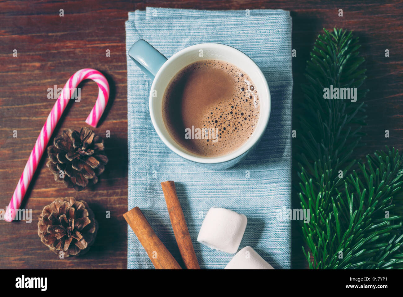Tasse heiße Schokolade mit Marshmallows Zimtstangen und Candy Cane Stockfoto
