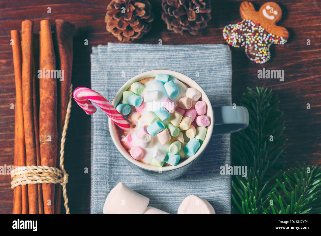 Marshmallows und Candy Cane in Tasse heiße Schokolade Stockfoto