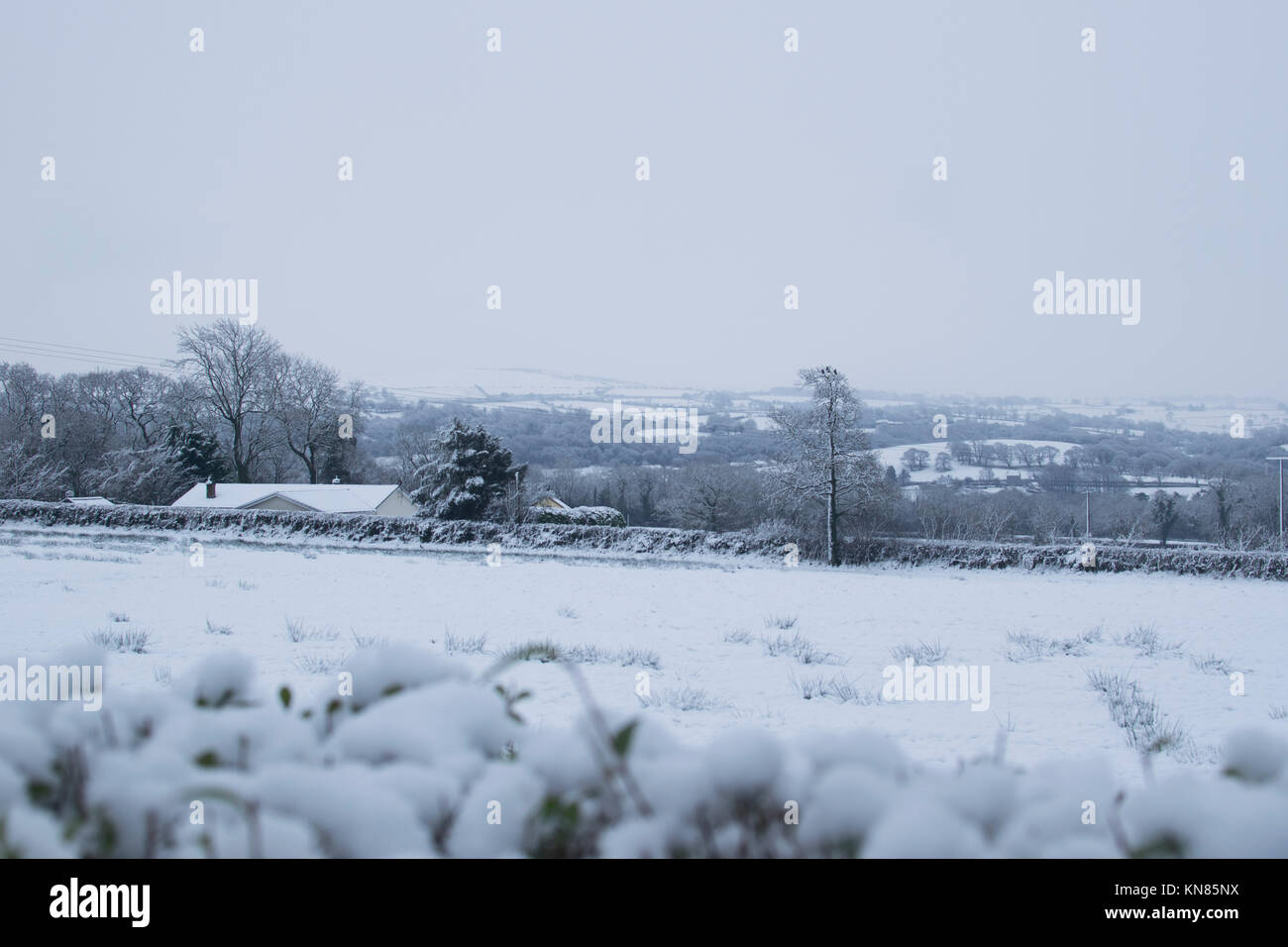 West Wales, UK. Land fegte mit prognostizierten Schnee, wodurch eine Reihe von Schulen in ländlichen Gebieten zu schließen. Harriet Baggley: Dezember 2017 Stockfoto