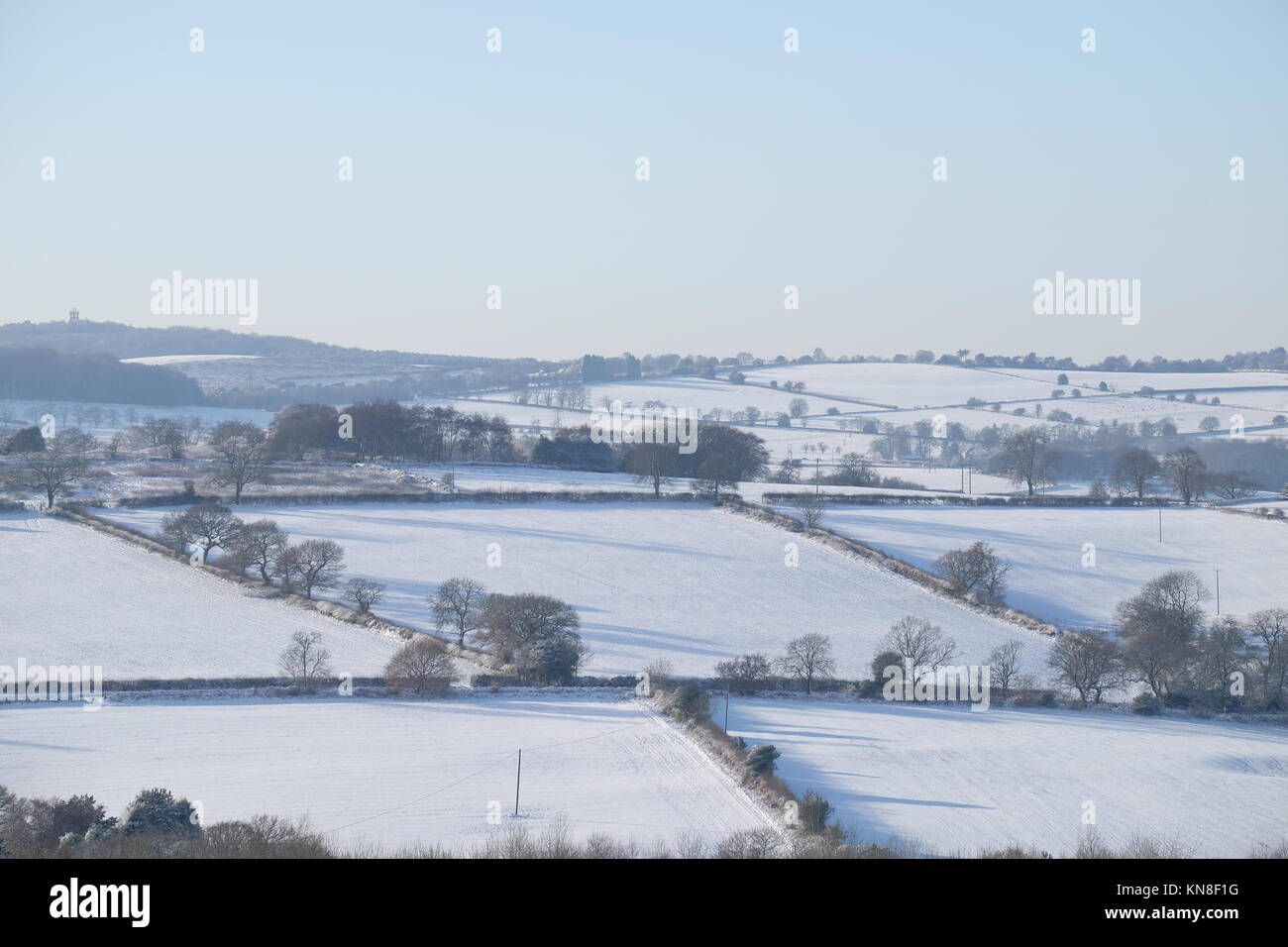 Schneefall über Felder in Leicestershire Stockfoto