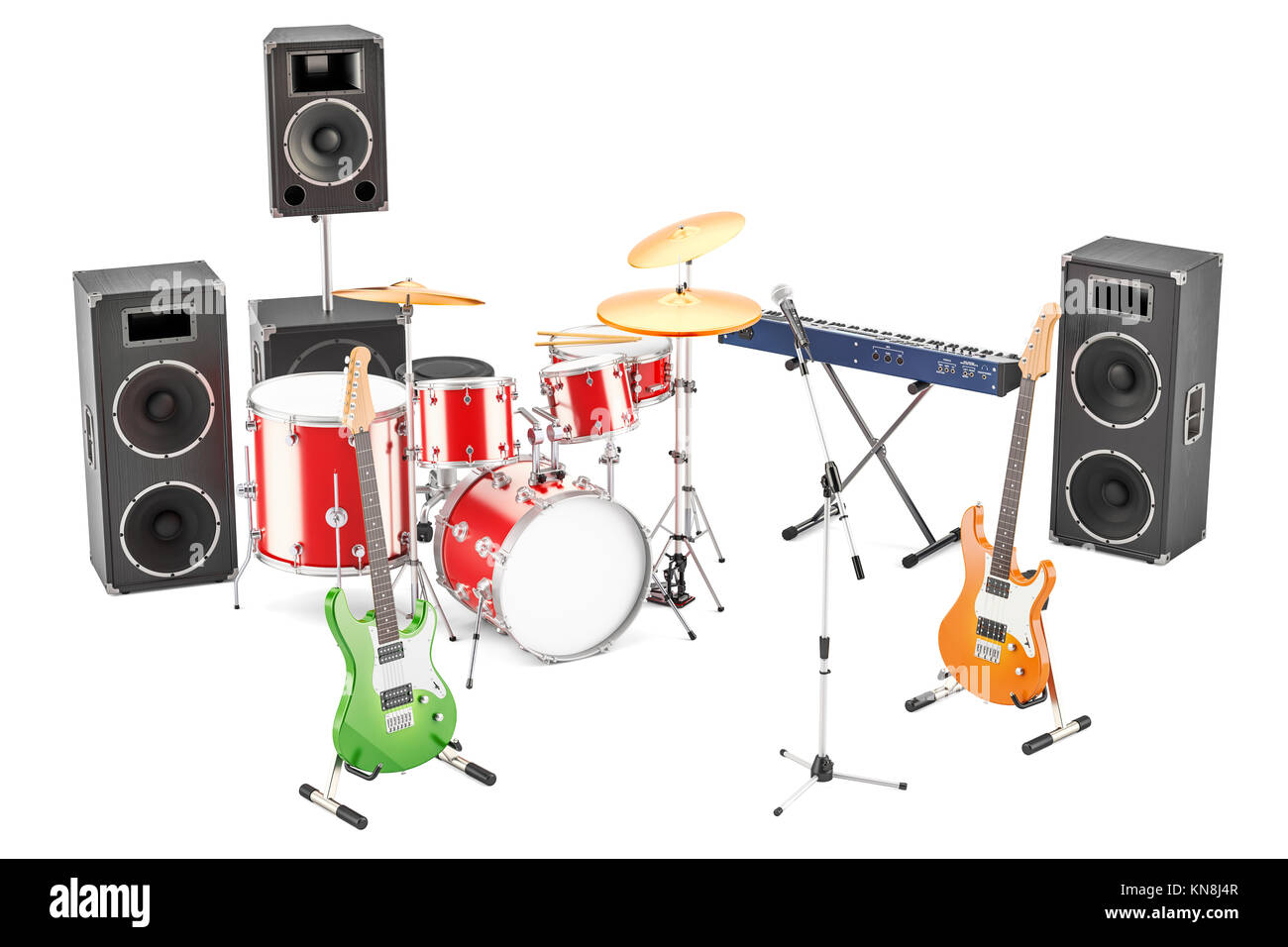 Satz von verschiedenen Musikinstrumenten und Geräten, 3D-Rendering Stockfoto