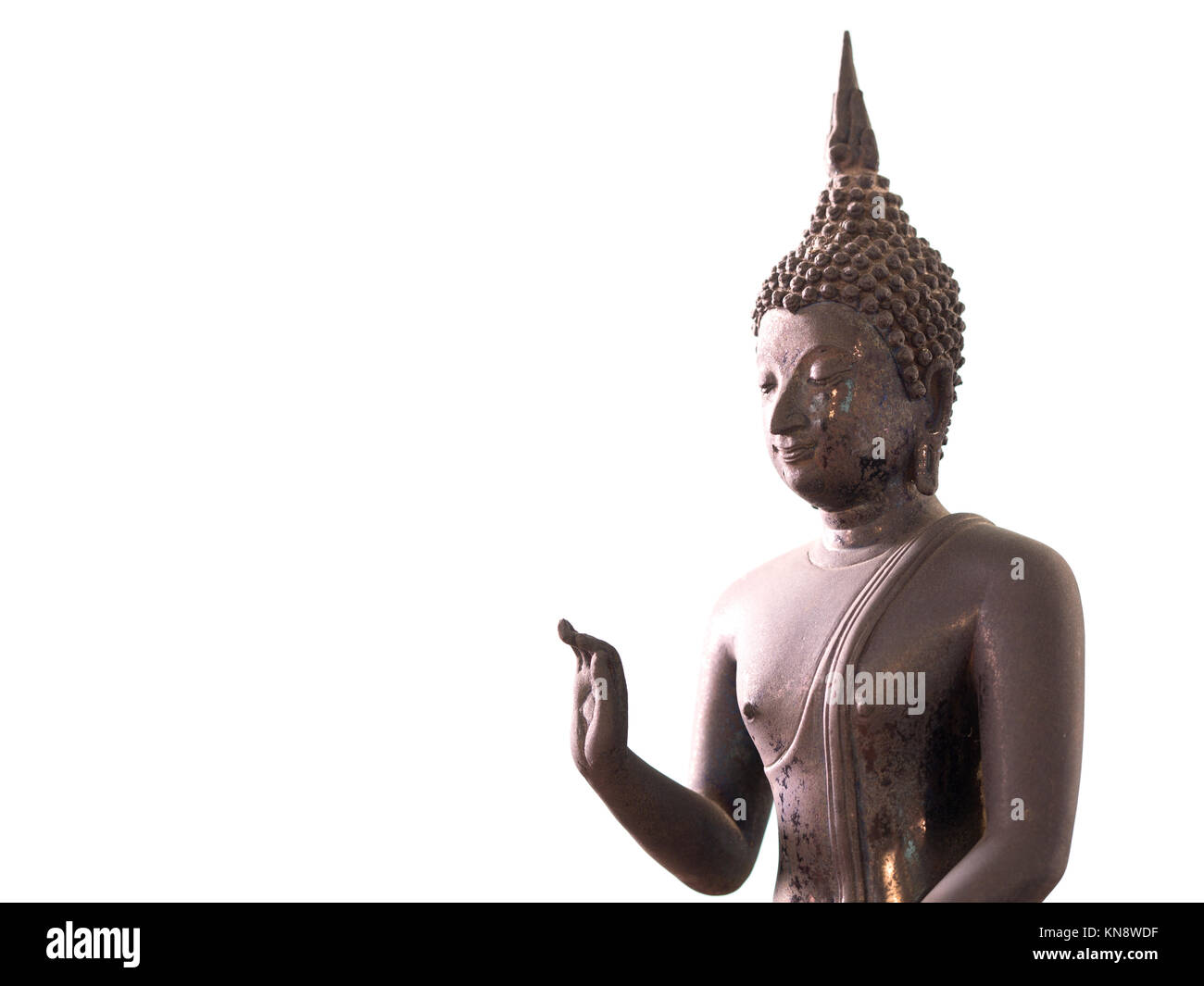 Antike Buddha Statue mit Freistellungspfaden. Der Hintergrund ist weiß (isoliert) Stockfoto