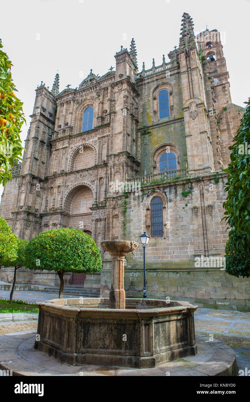Plasencia neue Kathedrale. Blick von Orange Tree Garten, Caceres, Spanien. Stockfoto