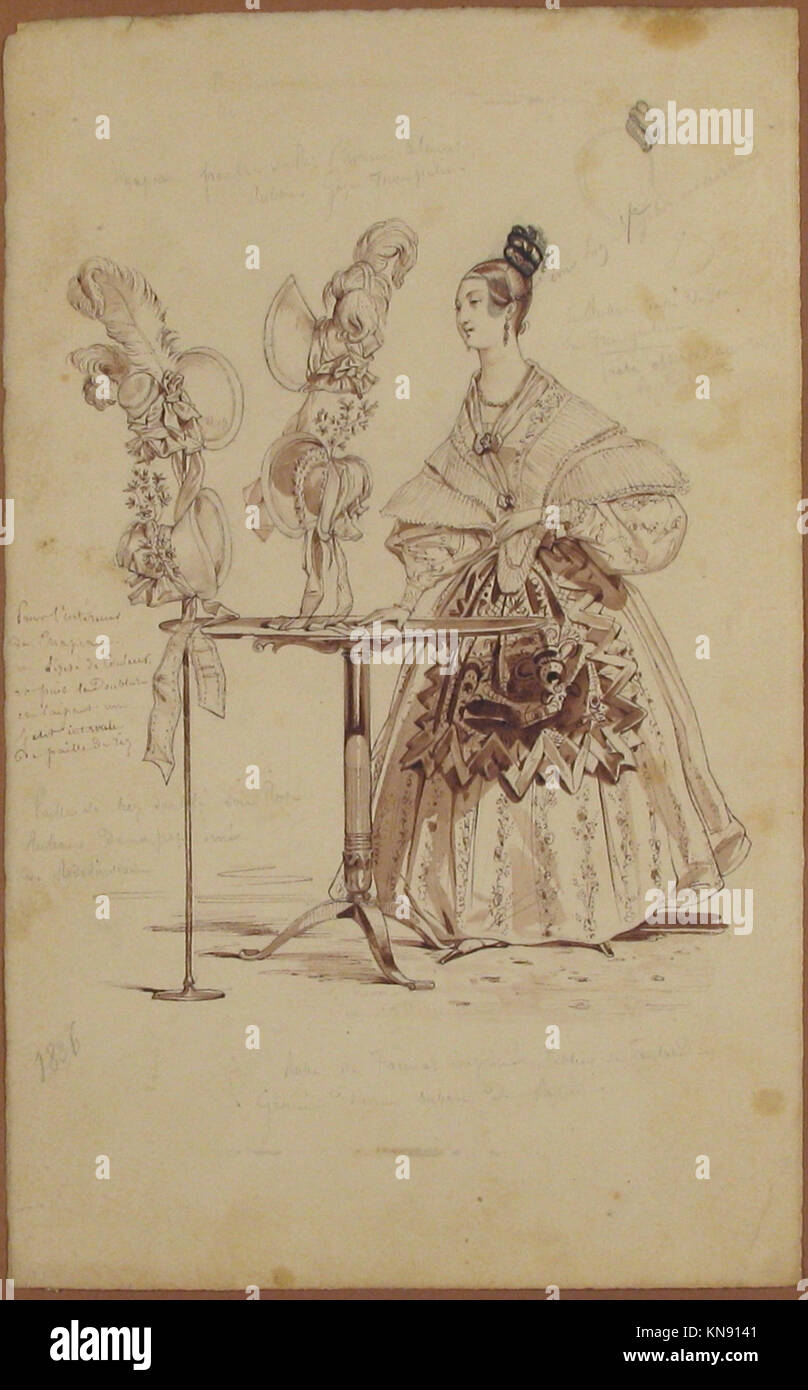 Ein MET Kostümdesign, 53.664.37, zeigt historischen Kleidungsstil mit künstlerischer Aufmerksamkeit auf die Mode der Epoche und das theatralische Kostümdesign. Stockfoto