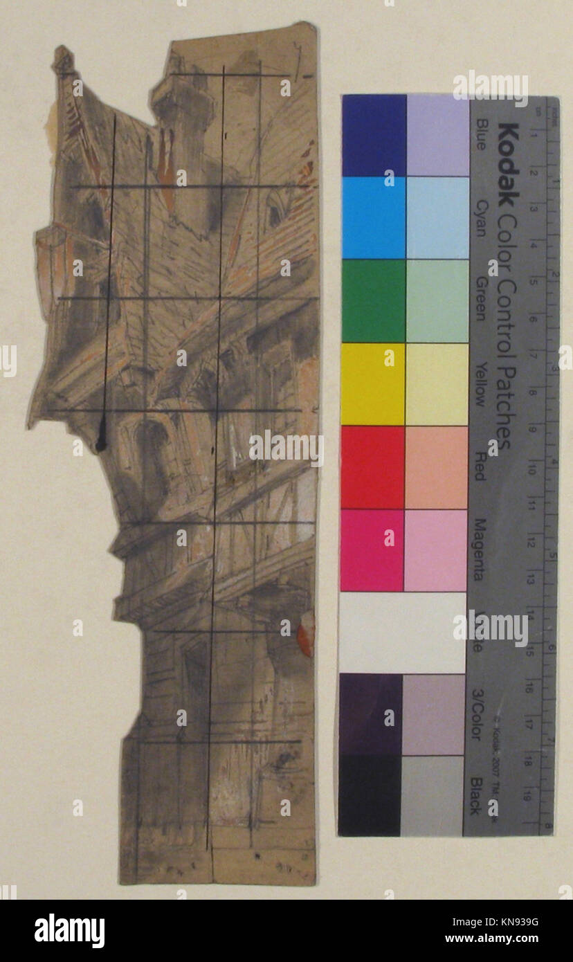 Dieses Design zeigt eine Bühne für die Pariser Oper, die künstlerische Leitung und detaillierte Elemente zeigt, die die theatralische Ästhetik dieser Zeit hervorheben. Stockfoto