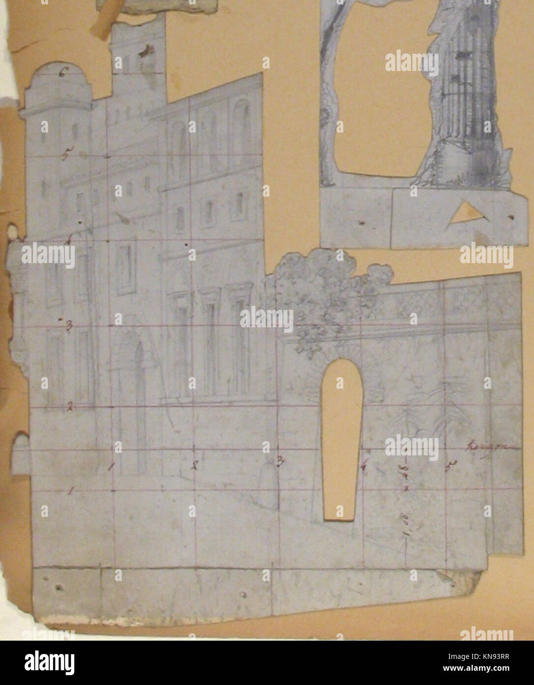Diese Graphit-Zeichnung von Eugène Cicéri zeigt einen Bühnenentwurf für die Pariser Opéra (1830–1890) und hebt architektonische Elemente, theatralische Landschaften und detaillierte Darstellungen hervor. Stockfoto